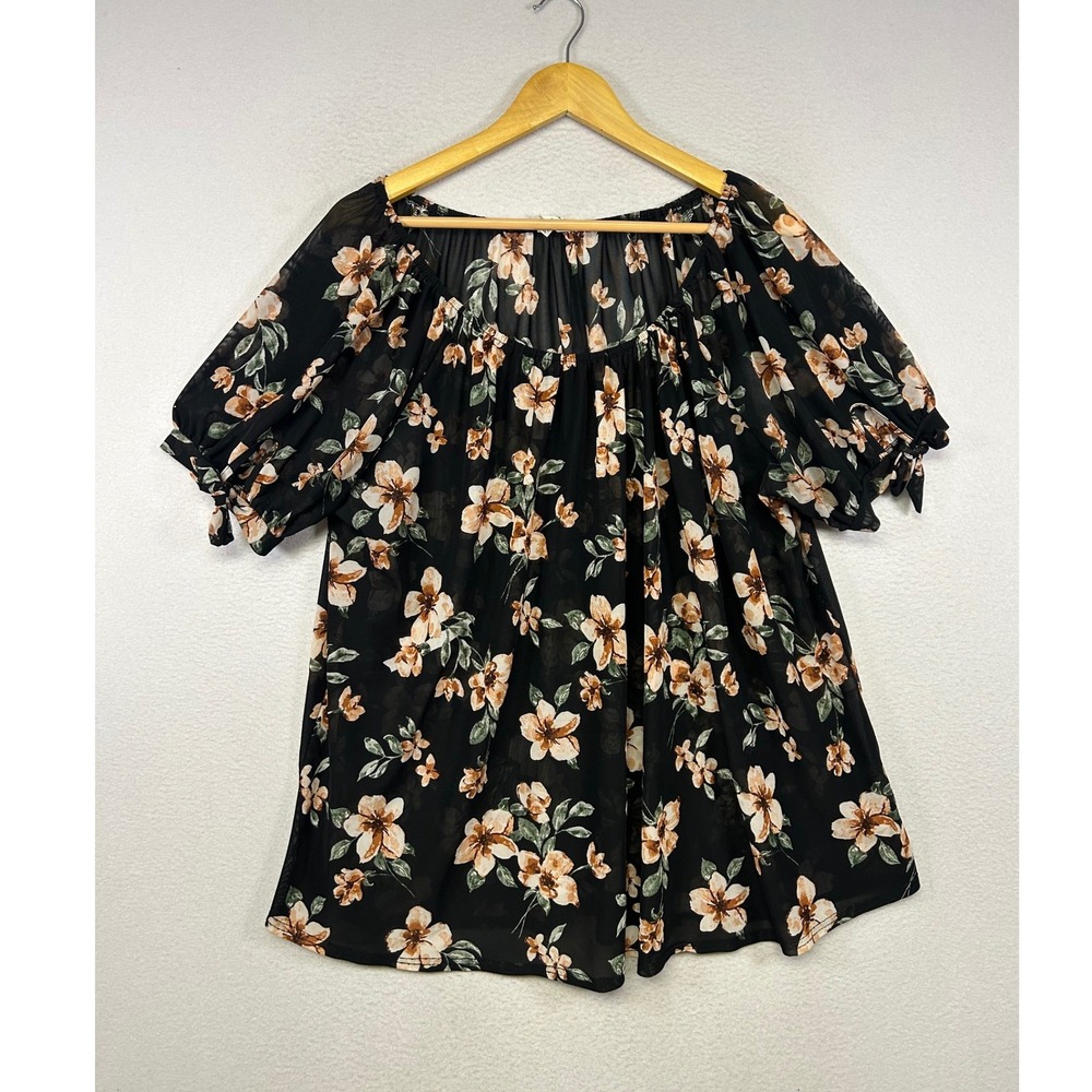 Cottagecore Siren Lily Women 3X‎ Black Floral Mesh Puff Sleeve Tie Cuff Blouse